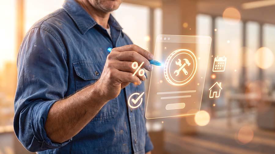 Homme tenant un stylet et images virtuelles évoquant le paiement de travaux